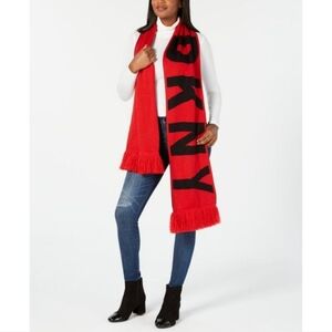 DKNY Womens BOLD Logo Fringe Scarf Wrap Black Blue One Size